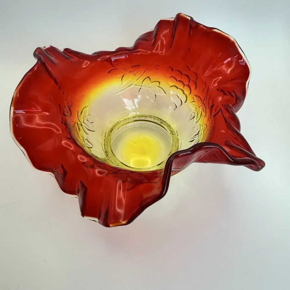 Vintage Amberina Glass Bowl bon bon Grape leaf Design Fluted Ruffled Edges GLOWS